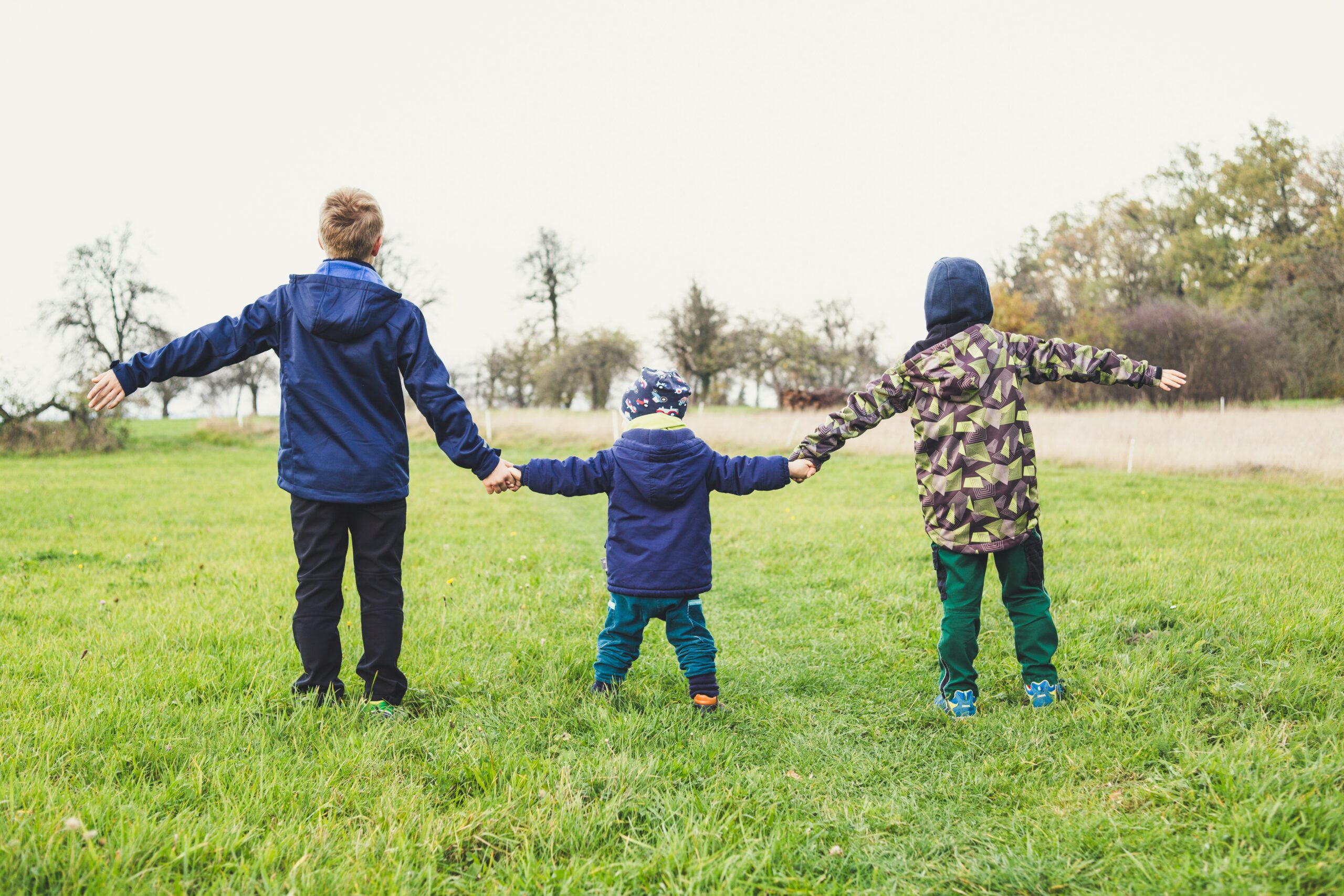Three children holding hands and learning to reach out in a sunlit meadow.