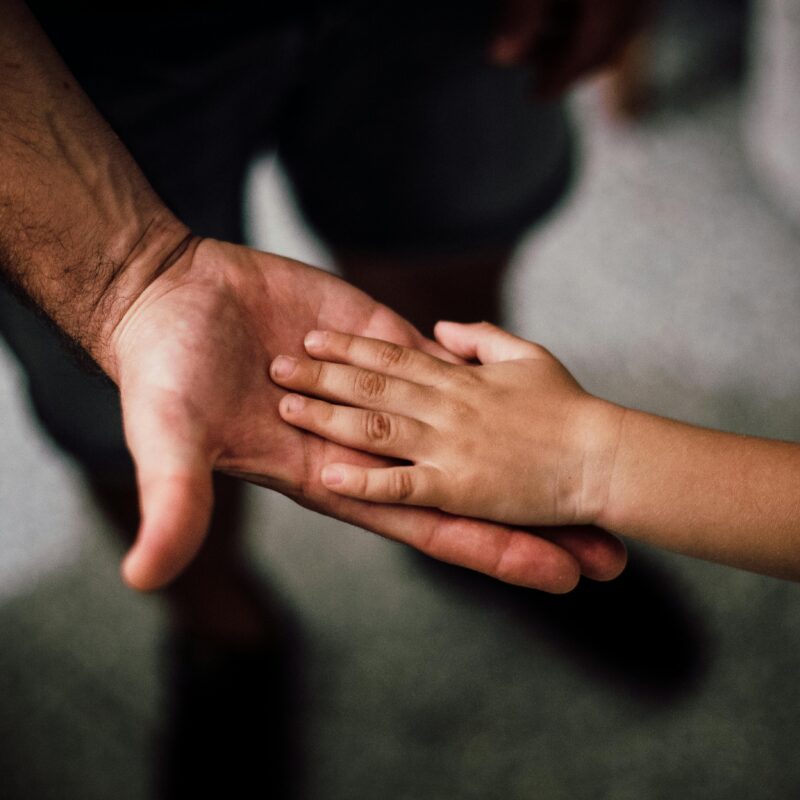 Hands visible at dusk, with a father reaching out to his child.