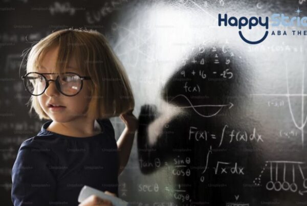 Autism intelligence, a young girl writing mathematical formulas on a blackboard turns her head to look at something at the back of the classroom.