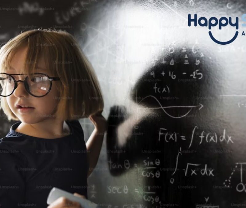 Autism intelligence, a young girl writing mathematical formulas on a blackboard turns her head to look at something at the back of the classroom.