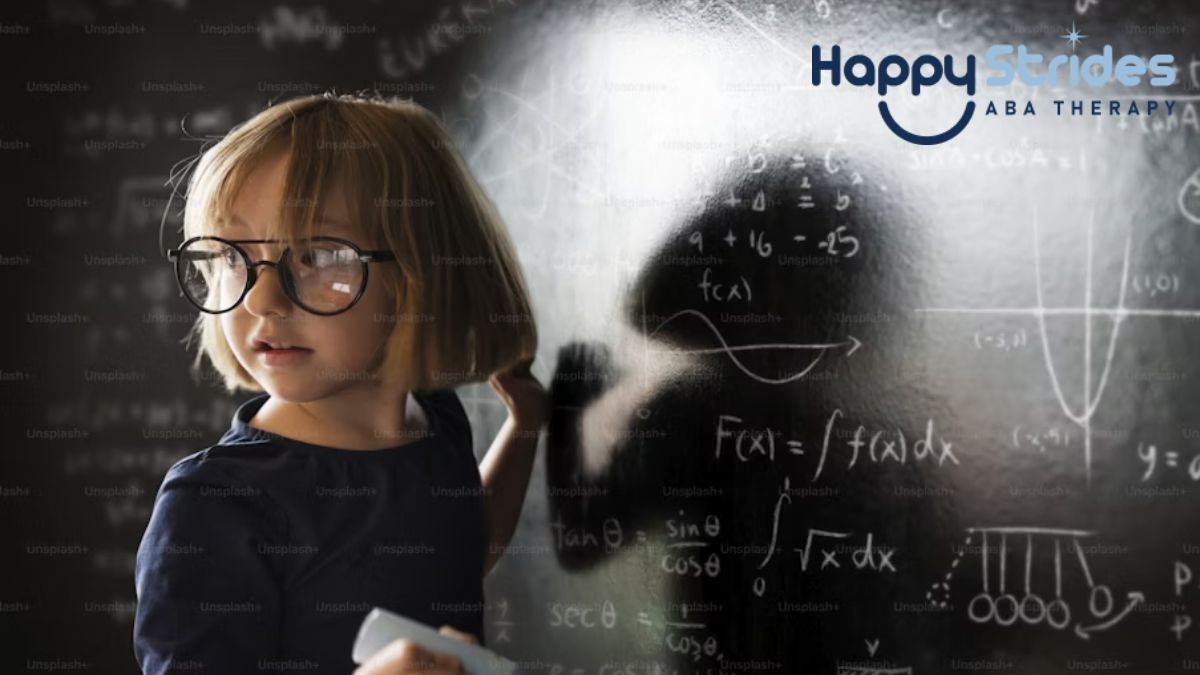 Autism intelligence, a young girl writing mathematical formulas on a blackboard turns her head to look at something at the back of the classroom.