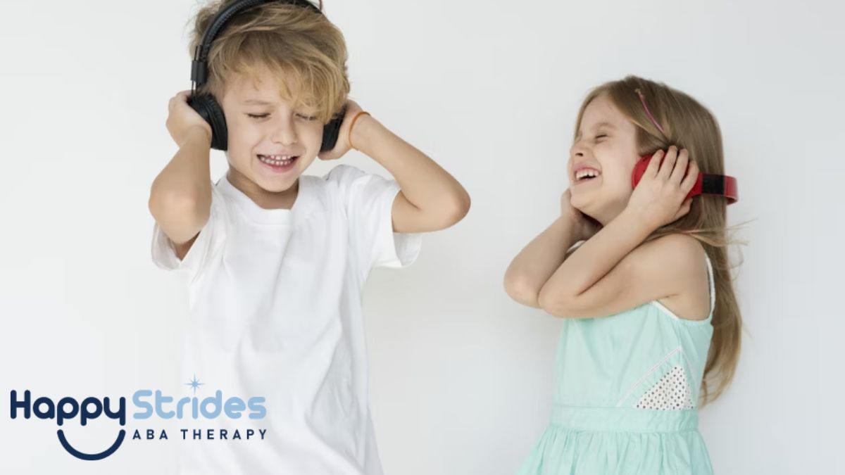 Hypersensitivity in autism, a boy and a girl wear headphones and enjoy a calming auditory moment.