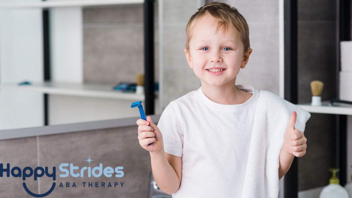 A boy with autism is in central focus as he brushes his teeth, practicing an executive functioning skill.